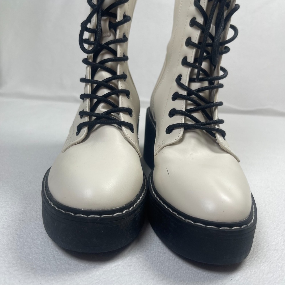Nine West Women's 8M Off White Lace Up Combat Boots Block Heel Side Zip - Picture 2 of 11